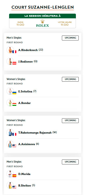 roland garros suzanne lenglen lunes25 mayo 2026